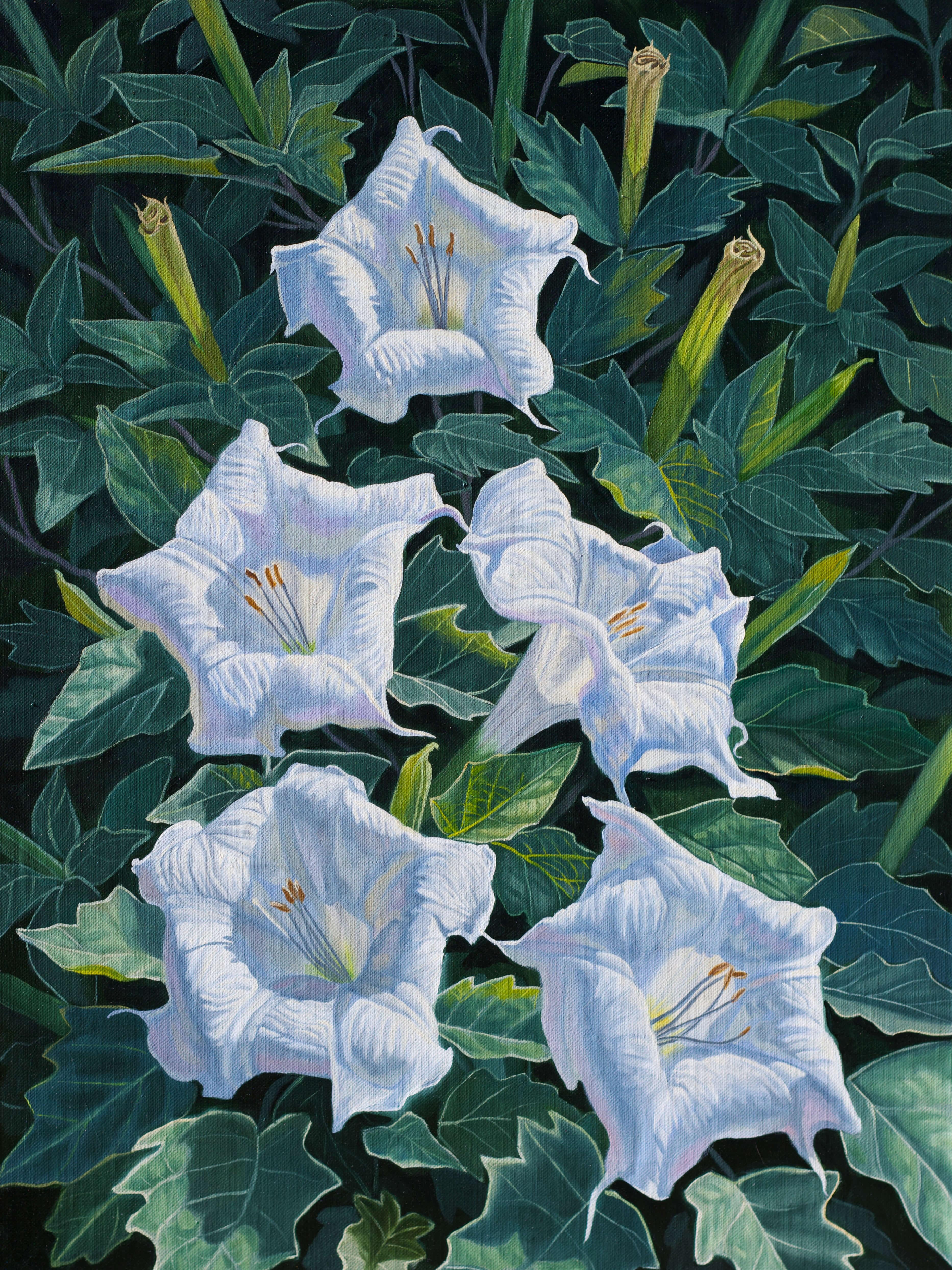 "Flores lunares" (2024) de Robin Hextrum, Pintura al óleo original sobre panel