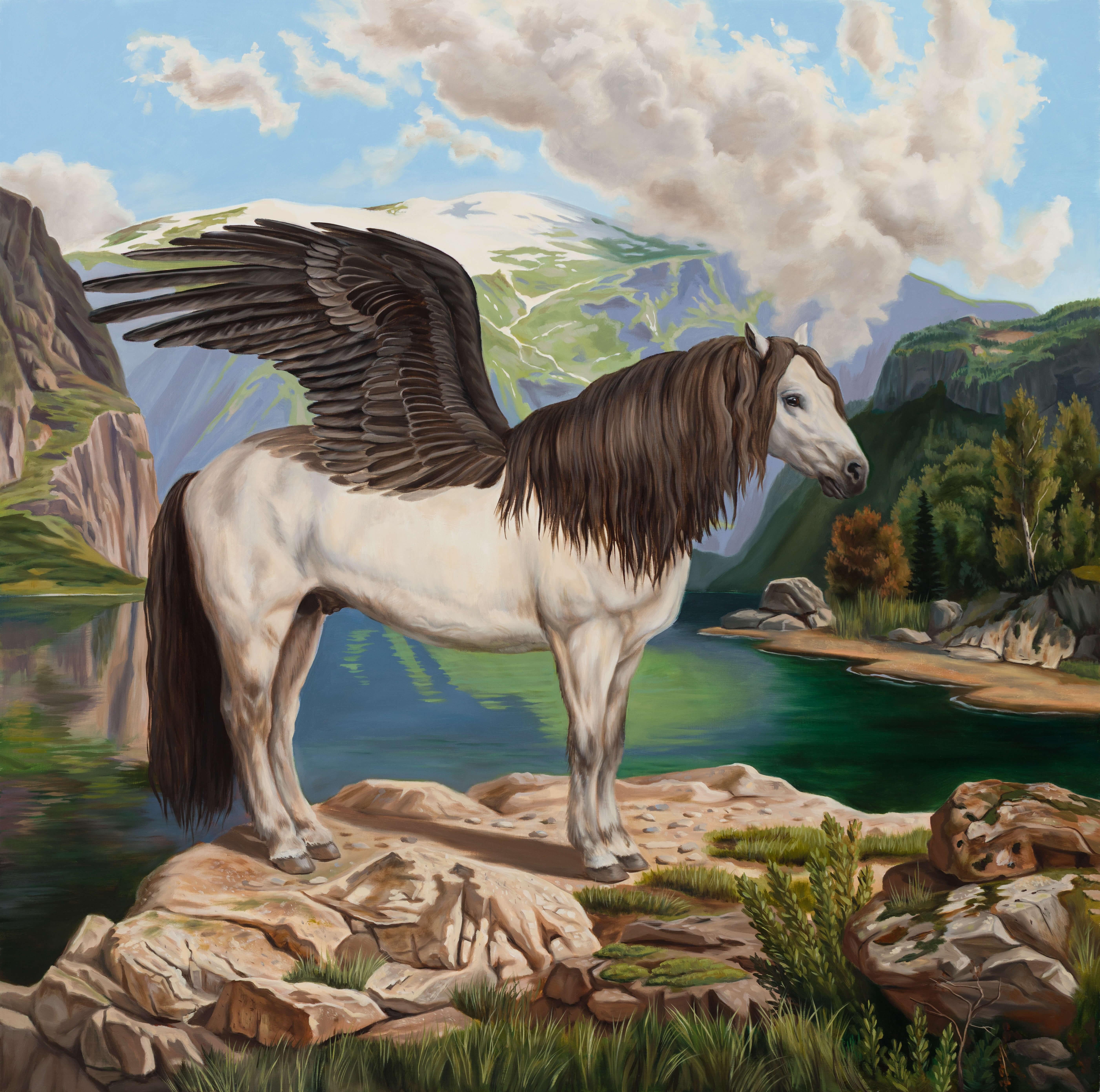 Landscape Painting de Robin Hextrum - "Pegaso" Pintura al Óleo Original de Caballo Mítico con Alas