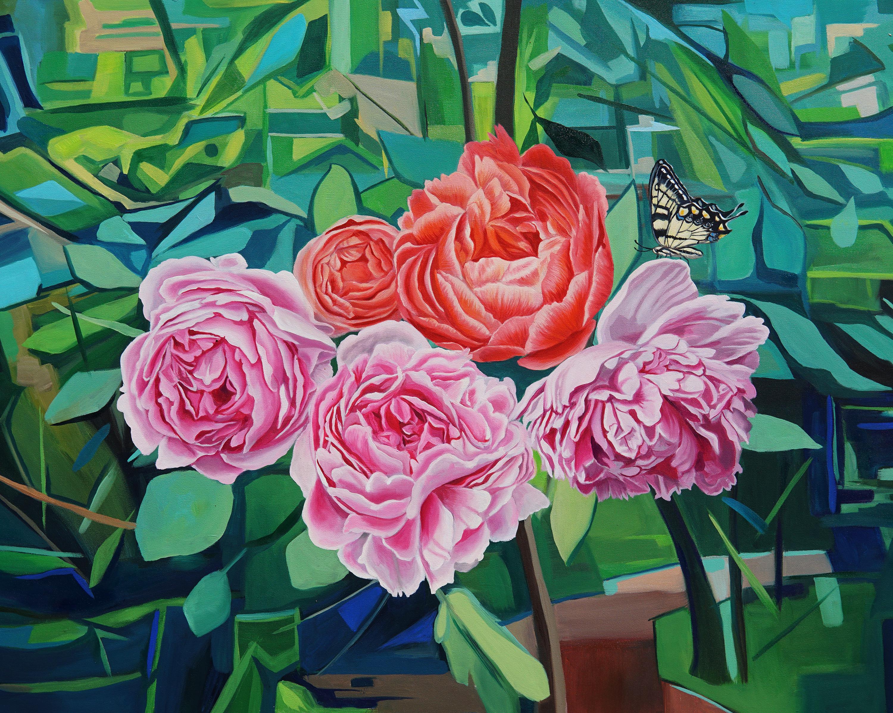 Robin Hextrum Still-Life Painting - "Peonies in a Multidimensional Forest, " Oil Painting