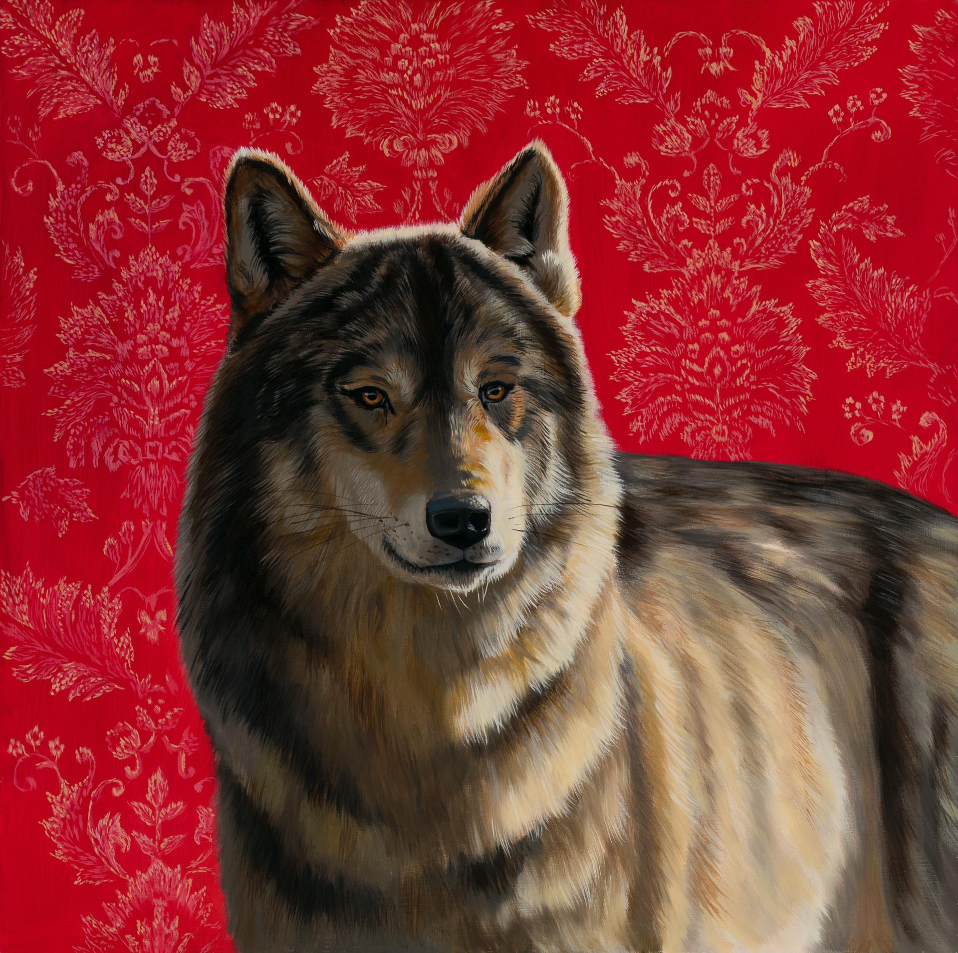 Robin Hextrum's "Portrait of a Wolf"  is an original, handmade oil painting that depicts a regal wolf with a red patterned background. The piece is unframed yet ready to hang. 

Robin Hextrum is an award-winning contemporary painter who lives and