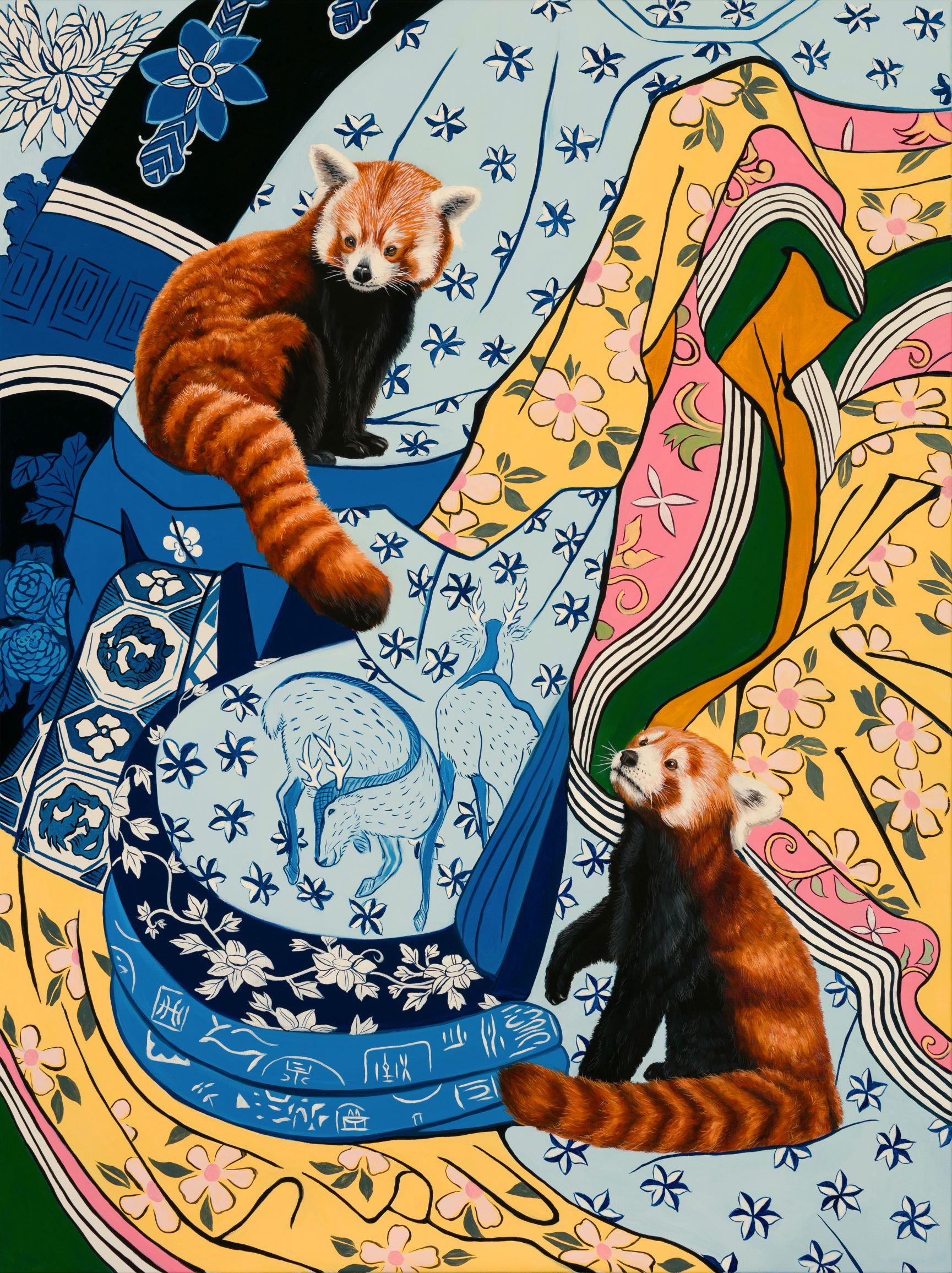 Robin Hextrum Animal Painting - "Red Pandas and Edo Patterns, " Oil Painting
