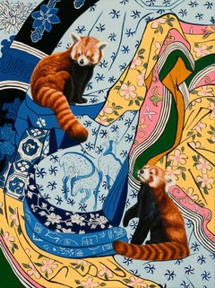 "Red Pandas and Edo Patterns," Oil Painting