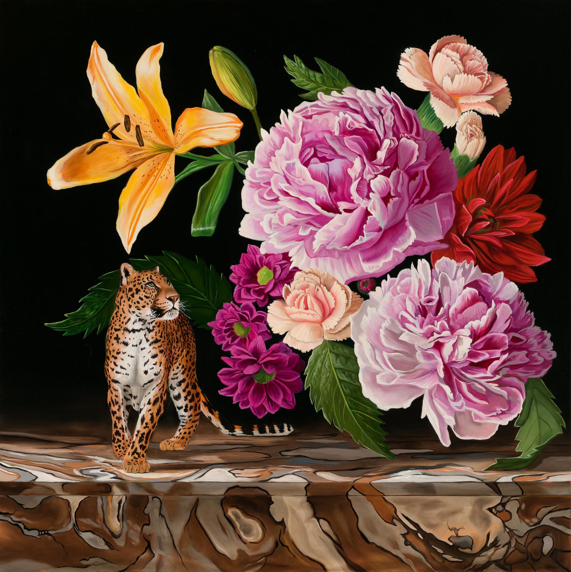 Robin Hextrum Still-Life Painting - "Still Life with Leopard and Peonies" Oil Painting