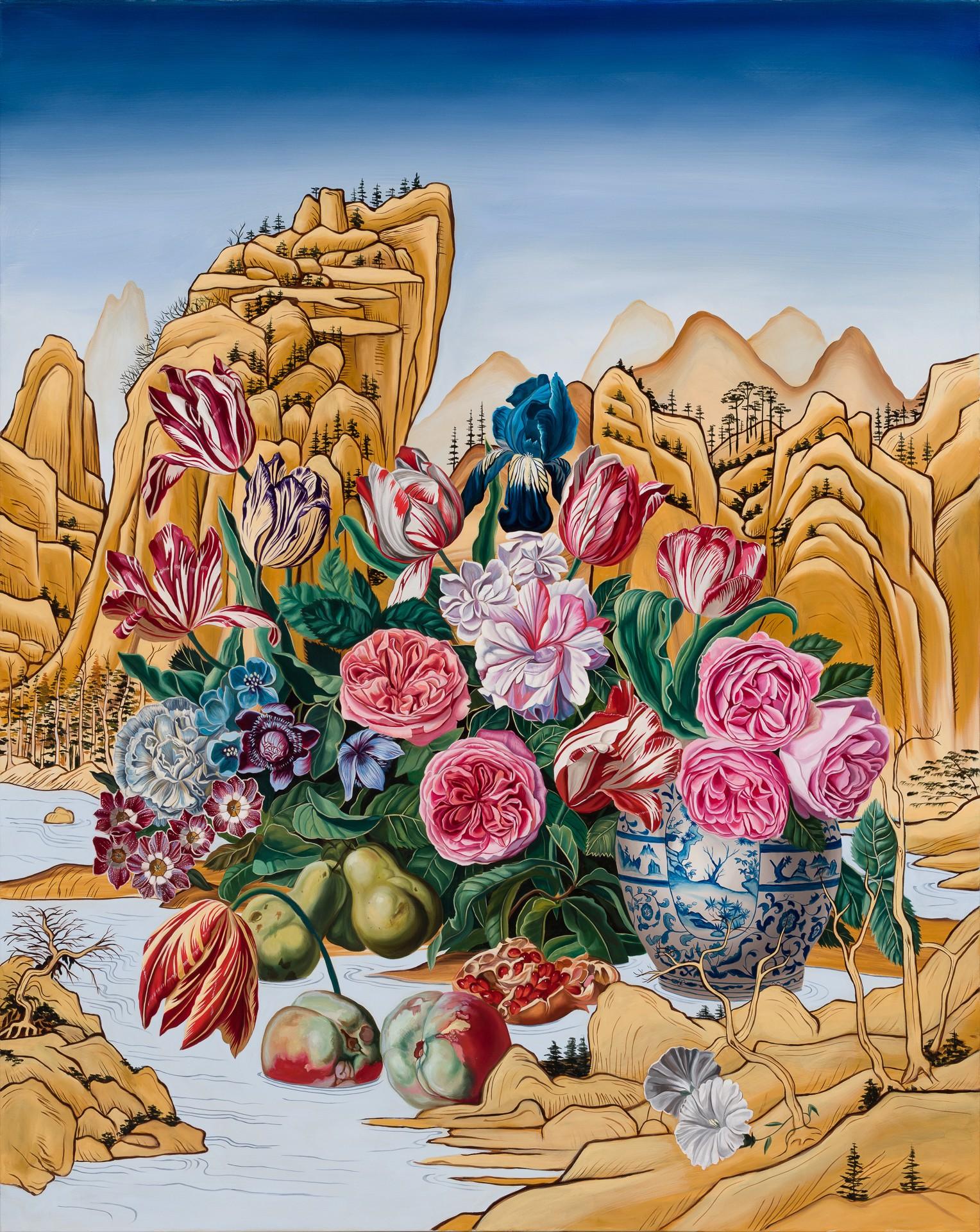 Figurative Painting di Robin Hextrum - Natura morta occidentale con paesaggio orientale