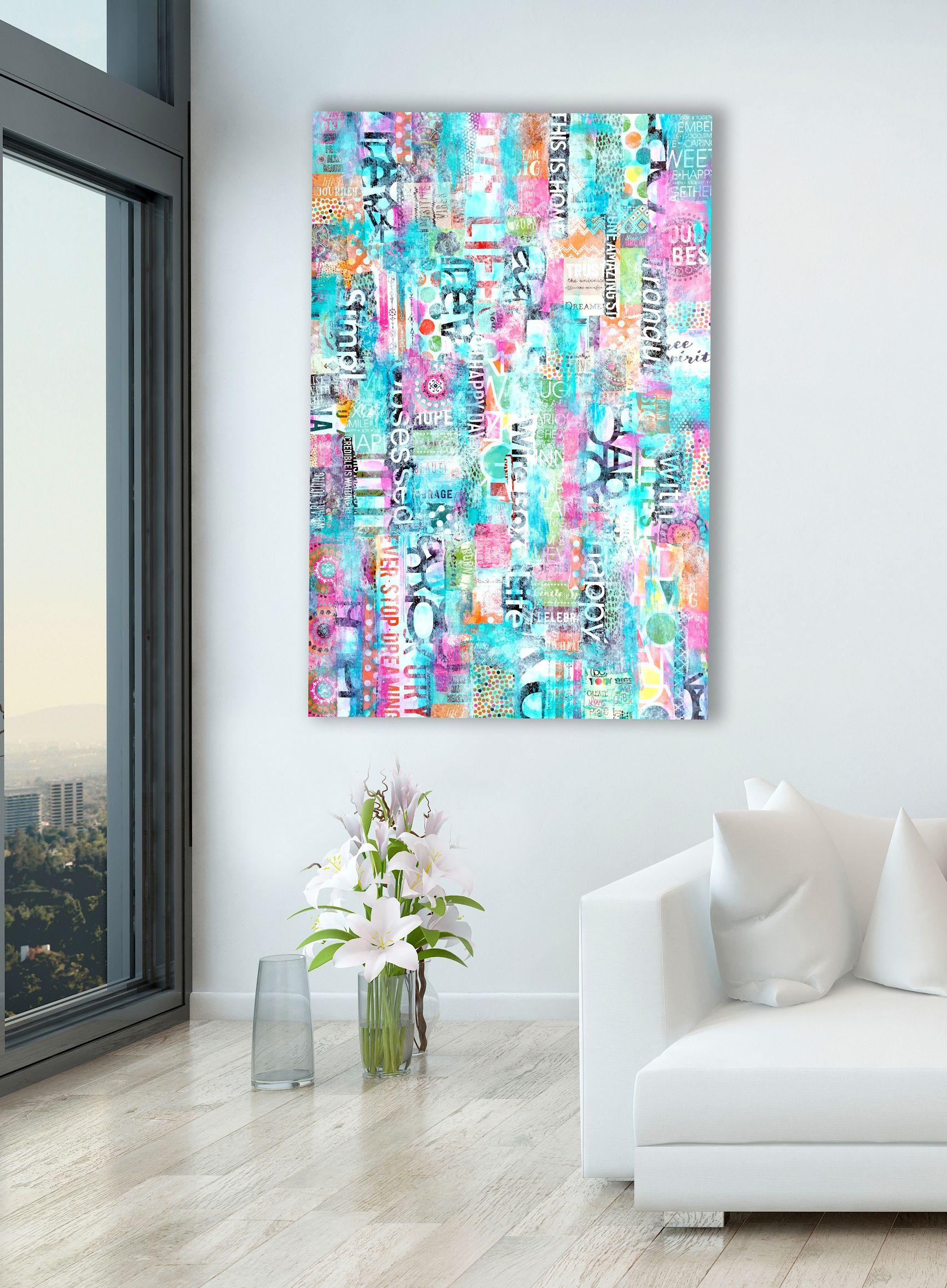 Simply Obsessed is a mixed media collage with lots of color, words, different design elements coming together in balanced harmony.    Sides are finished  Piece is varnished for protection  Wire backed, ready to hang :: Mixed Media :: Abstract ::