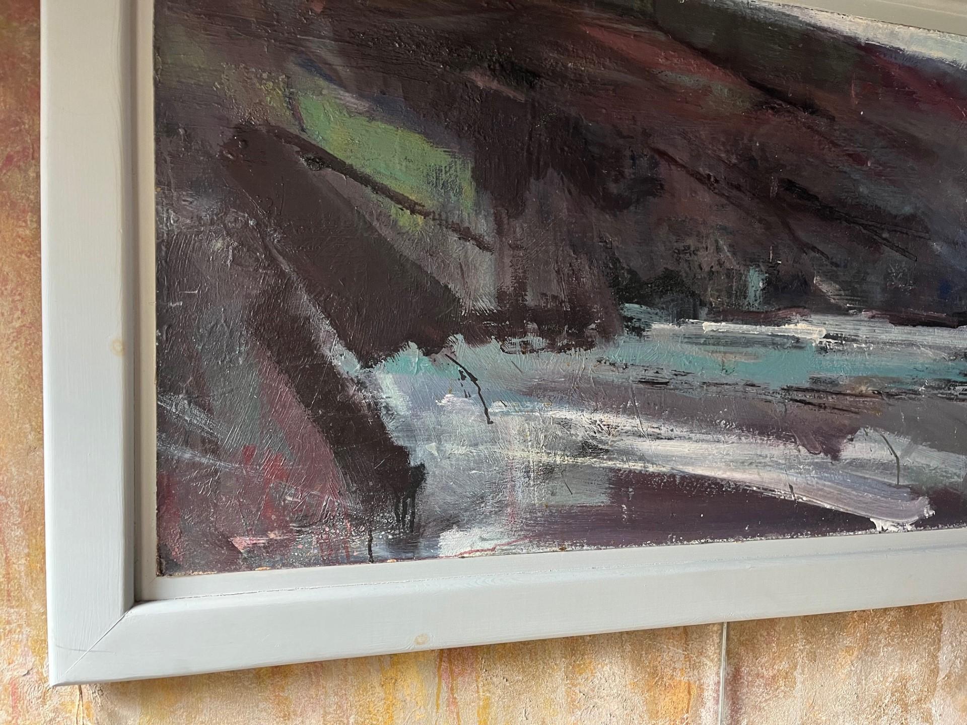 
Pittura ad olio astratta moderna di paesaggio marino di una baia della Cornovaglia, realizzata da Leonard, un artista nativo della Cornovaglia.

Un grande dipinto a olio di una baia della Cornovaglia con rocce e mare, olio su tavola del noto