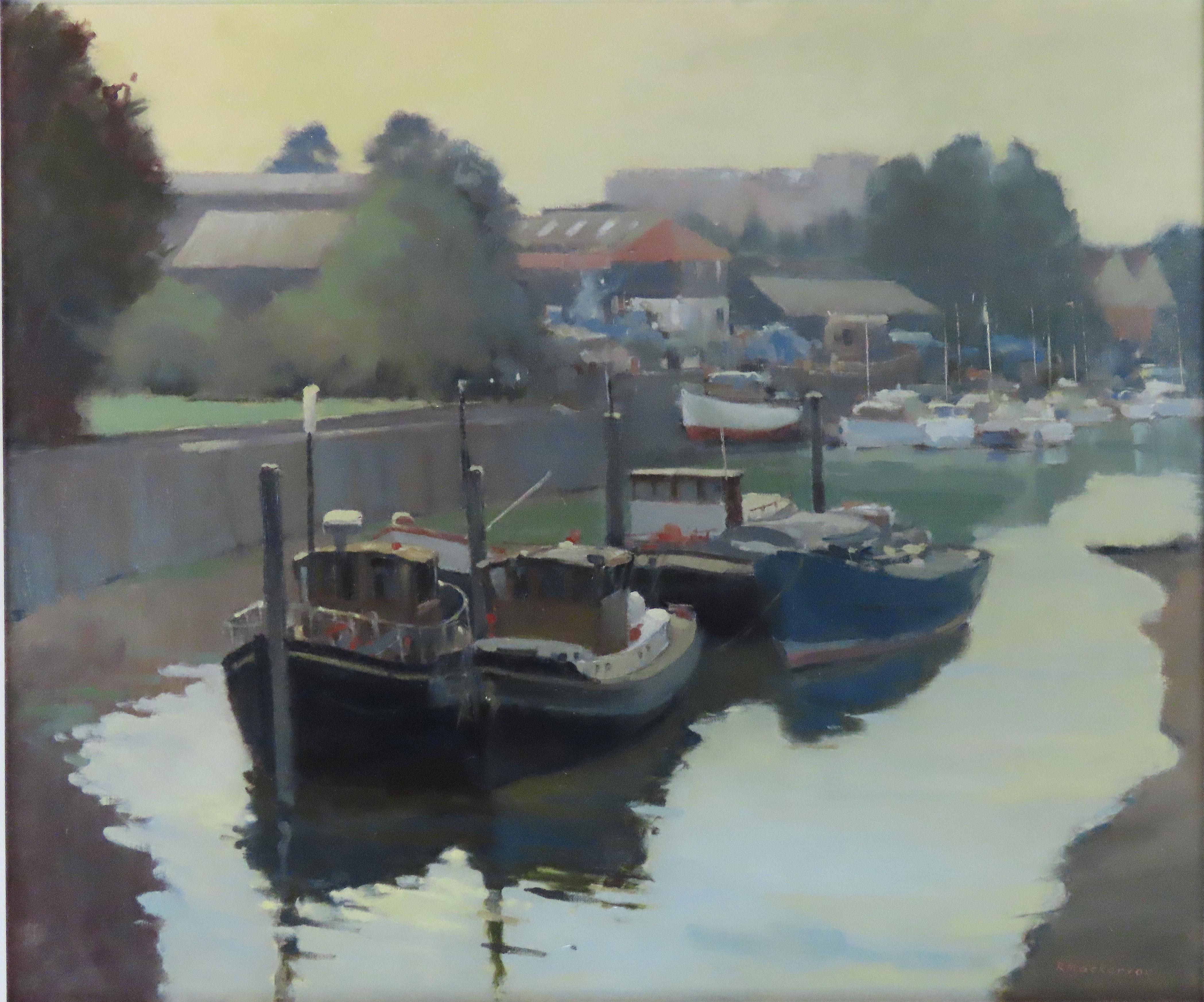 Original Öl auf Leinwand. Robin Mackervoy. R.O.I. „Moorings at Teddington“ (Grau), Landscape Painting, von Robin Mackervoy 