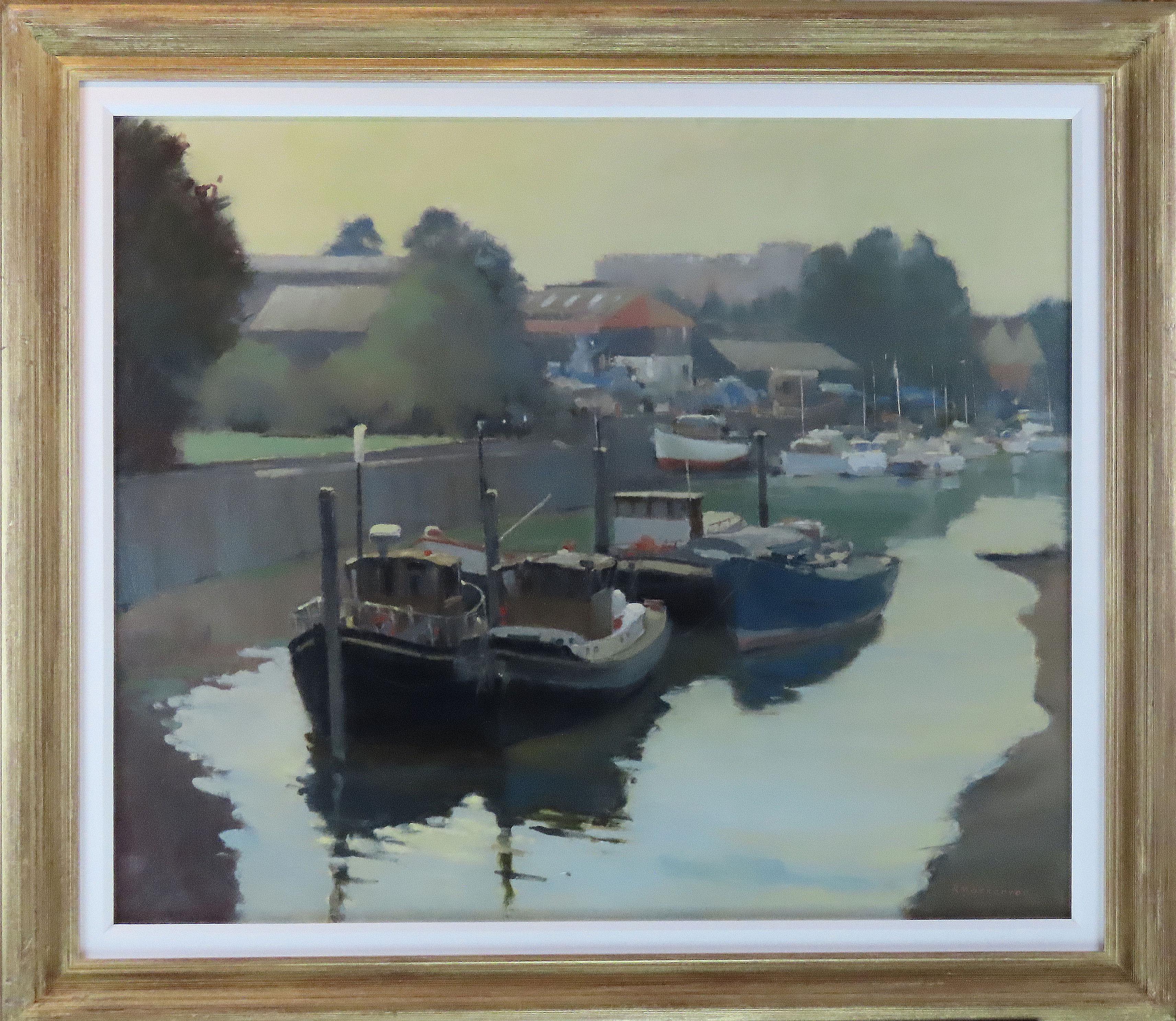 Robin Mackervoy  Landscape Painting – Original Öl auf Leinwand. Robin Mackervoy. R.O.I. „Moorings at Teddington“