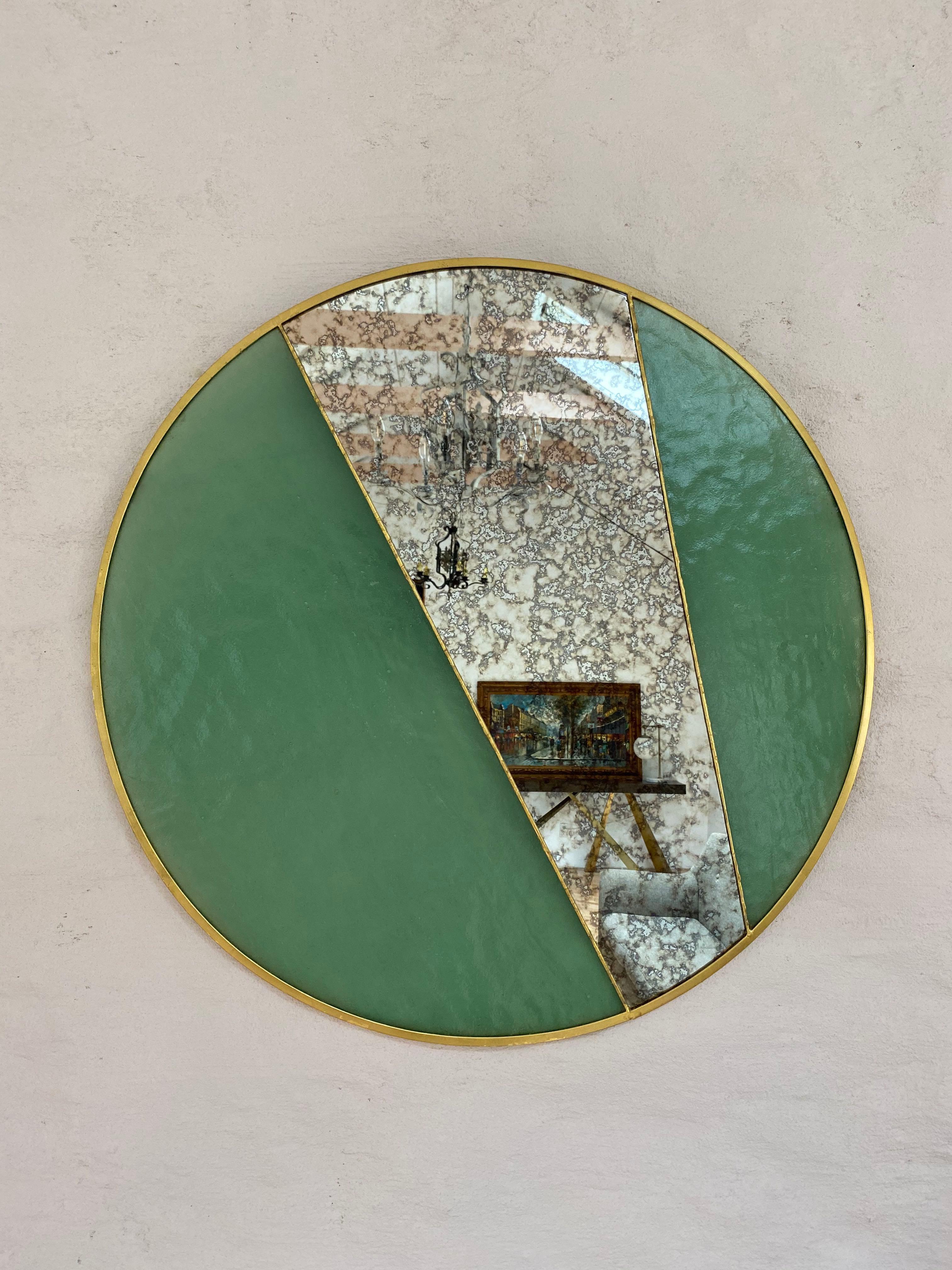 Robin Mirror, Stained Glass with Antiqued Mirror by Dean & Dahl In New Condition In Putnam Valley, NY