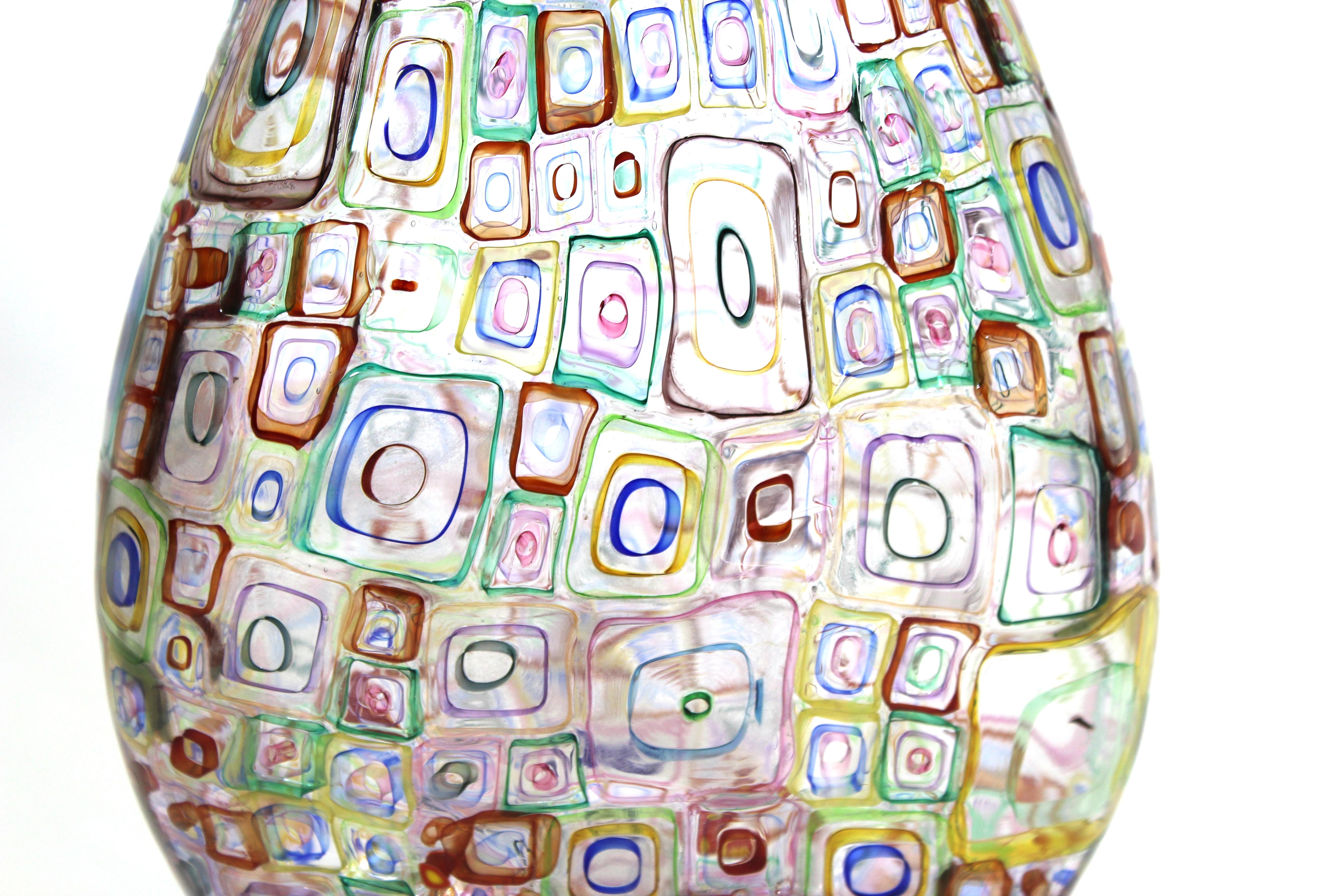 Robin mix Postmodern art glass studio vase with blown Murrine glass, signed and dated 1997 on the bottom lip.
