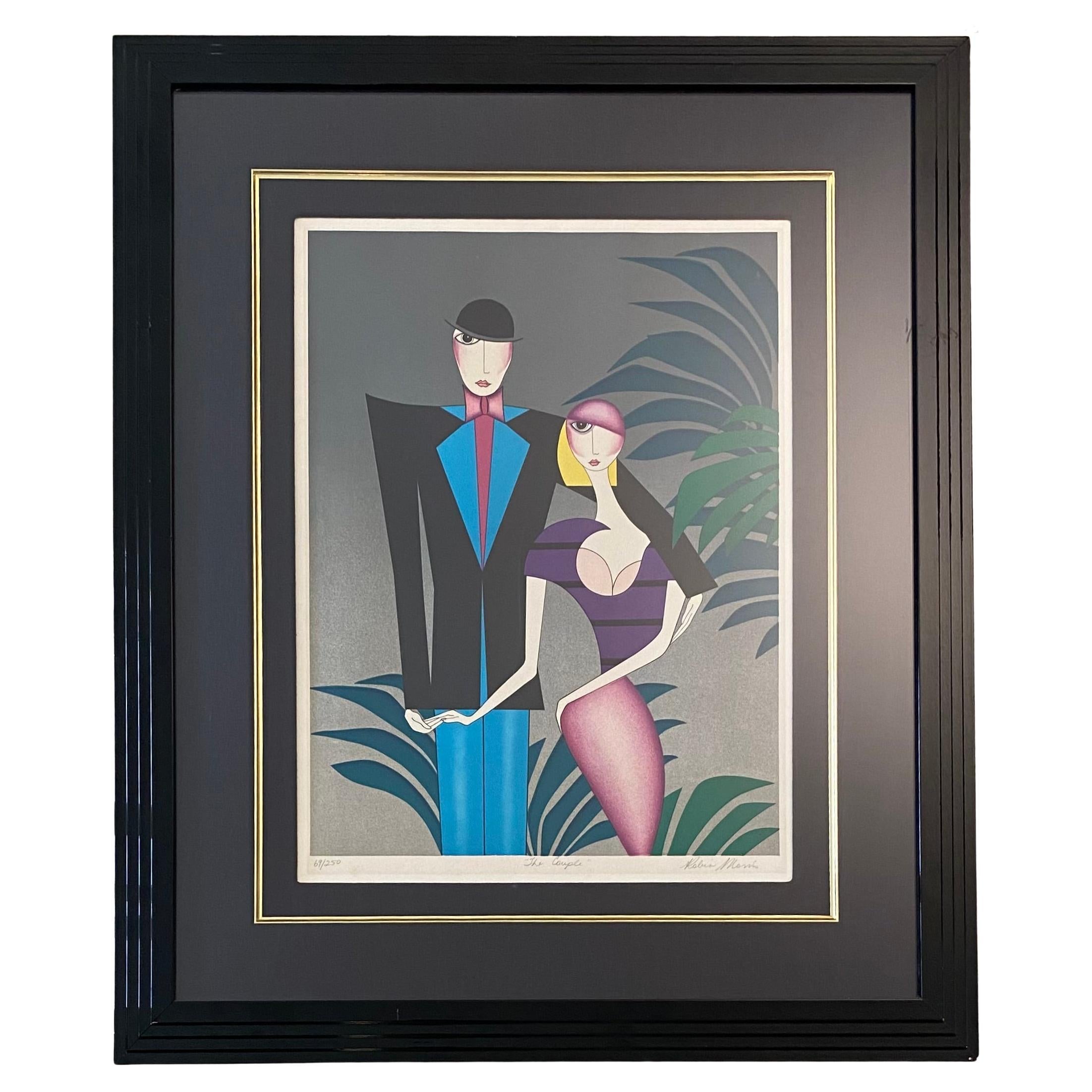 Robin Morris Hand Signed Lithograph "the Couple", Stylish Black Frame