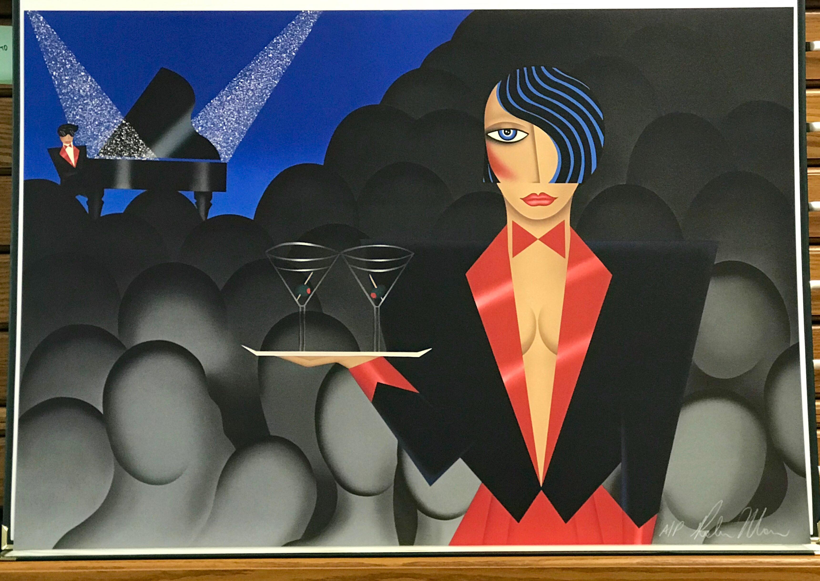 ALONE IN A CROWD Signed Lithograph, Woman Cocktail Waitress, Martini, Art Deco  - Print by Robin Morris