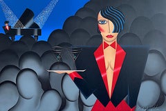 ALONE IN A CROWD Litografia firmata, Cameriera di cocktail, Martini, Pianoforte, Art Deco
