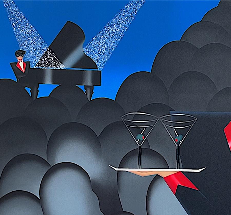 ALONE IN A CROWD Litografia firmata, Cameriera di cocktail, Martini, Pianoforte, Art Deco - Print Art Déco di Robin Morris
