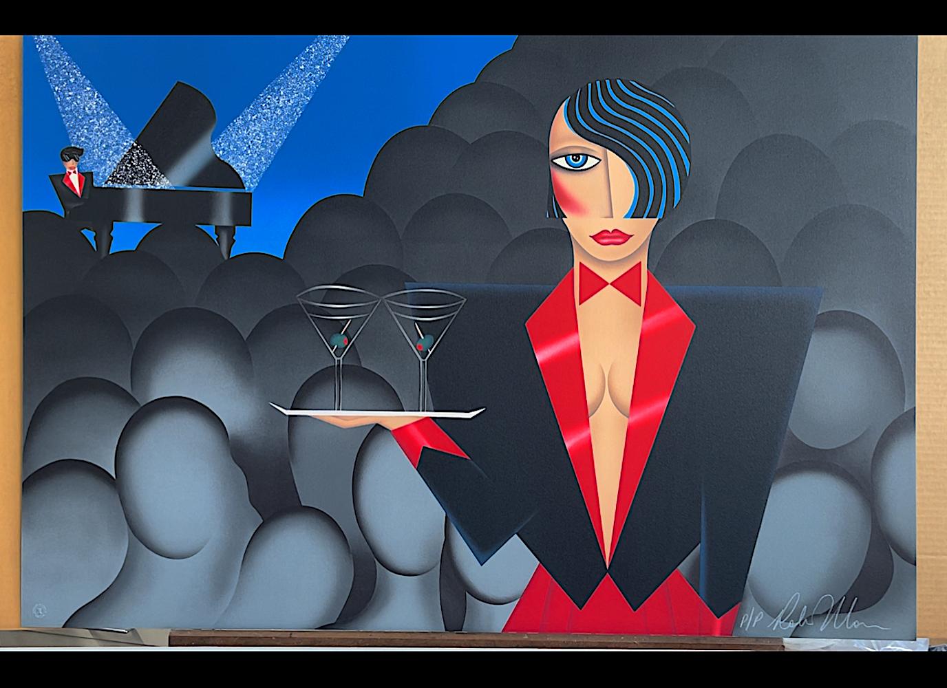 ALONE IN A CROWD Litografia firmata, Cameriera di cocktail, Martini, Pianoforte, Art Deco in vendita 1