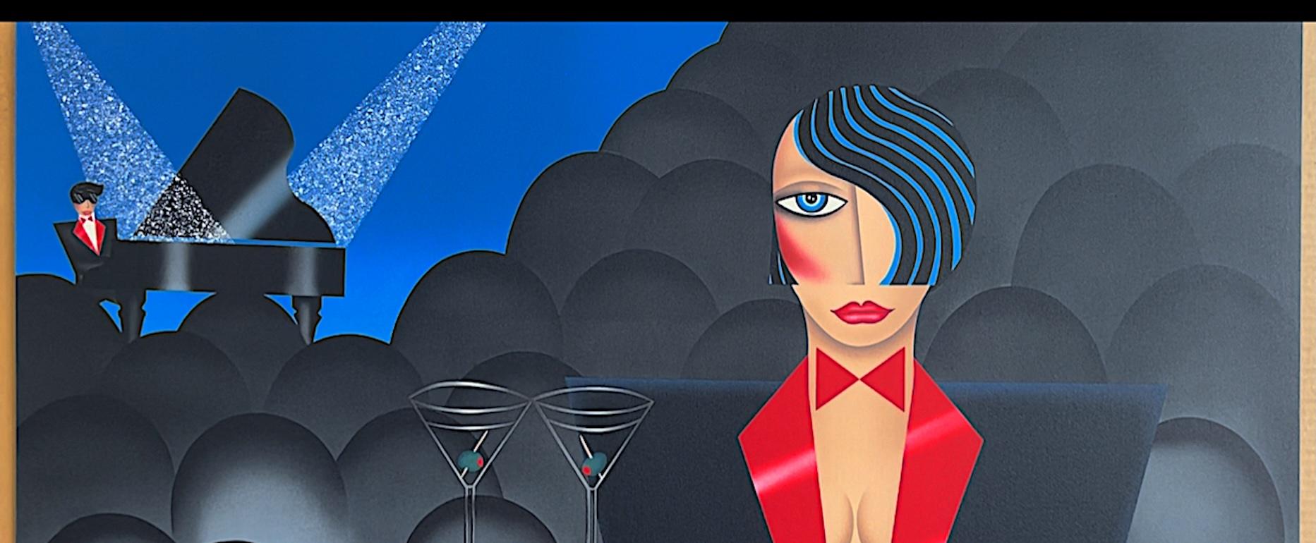 ALONE IN A CROWD Litografia firmata, Cameriera di cocktail, Martini, Pianoforte, Art Deco in vendita 2