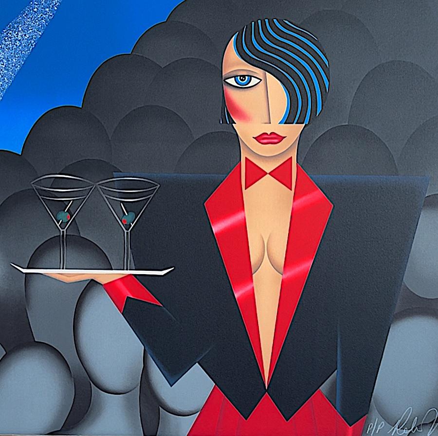 ALONE IN A CROWD Litografia firmata, Cameriera di cocktail, Martini, Pianoforte, Art Deco - Print di Robin Morris