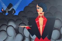 Lithographie signée ALONE IN A CROWD, Cocktail Waitress, Martini, Piano, Art Déco