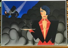ALONE IN A CROWD Signed Lithograph, Woman Cocktail Waitress, Martini, Art Deco