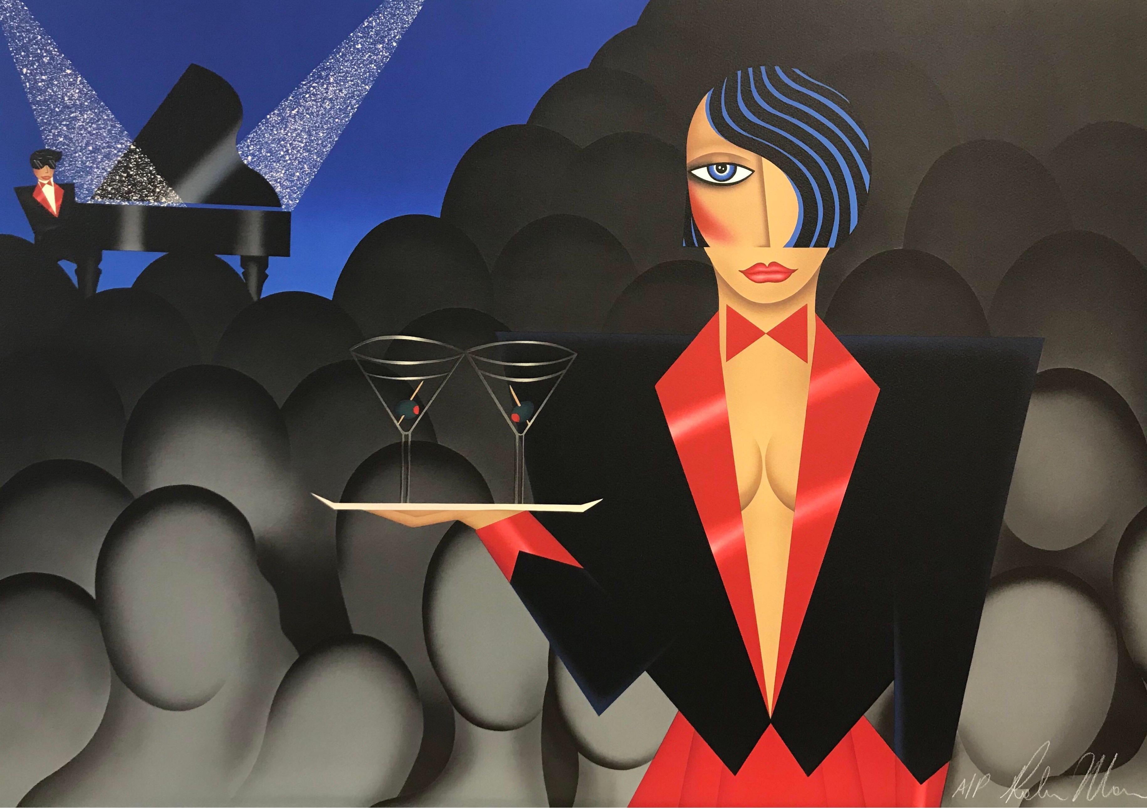 Lithographie signée ALONE IN A CROWD, Woman Cocktail Waitress, Martini, Art Déco 