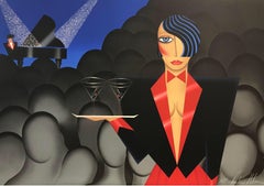 Used ALONE IN A CROWD Signed Lithograph, Woman Cocktail Waitress, Martini, Art Deco 