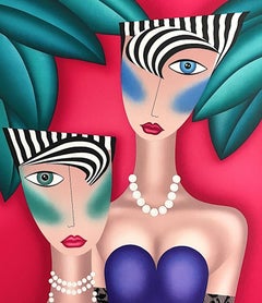 AT THE CAT CLUB Signed Lithograph, Punk Party Girls, Pearl Choker Necklaces