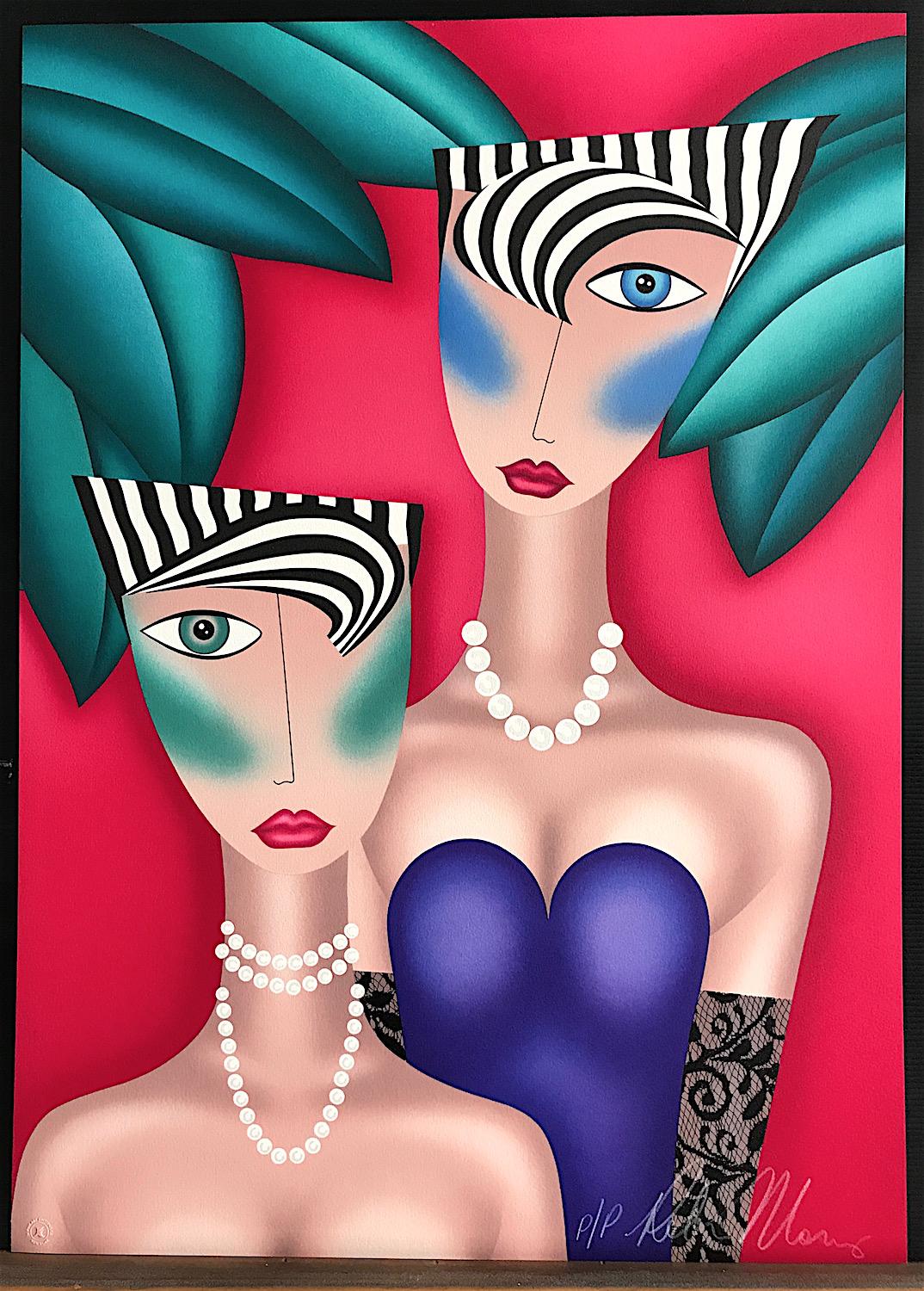AT THE CAT CLUB Signed Lithograph Pop Art Portrait, White Pearls, Theater Makeup - Print by Robin Morris