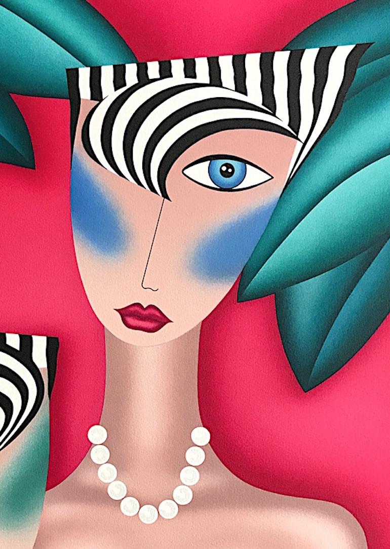 AT THE CAT CLUB Ritratto pop art litografato e firmato, Perle bianche, Trucco da teatro - Print Art Déco di Robin Morris