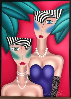 AT THE CAT CLUB Signed Original Lithograph, Pop Art Portrait, Theatrical Makeup