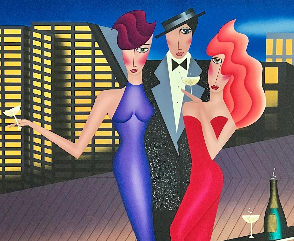 EN EL CLUB DEL OCÉANO Litografía firmada, Retrato de grupo, Ciudad, Paseo marítimo, Champán - Print Art Decó de Robin Morris