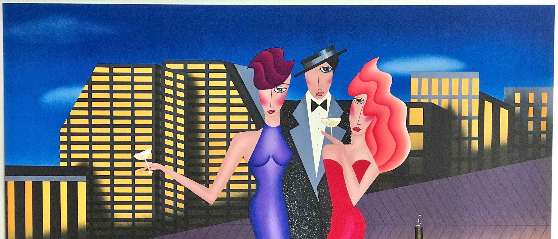 EN EL CLUB DEL OCÉANO Litografía firmada, Retrato de grupo, Ciudad, Paseo marítimo, Champán en venta 1