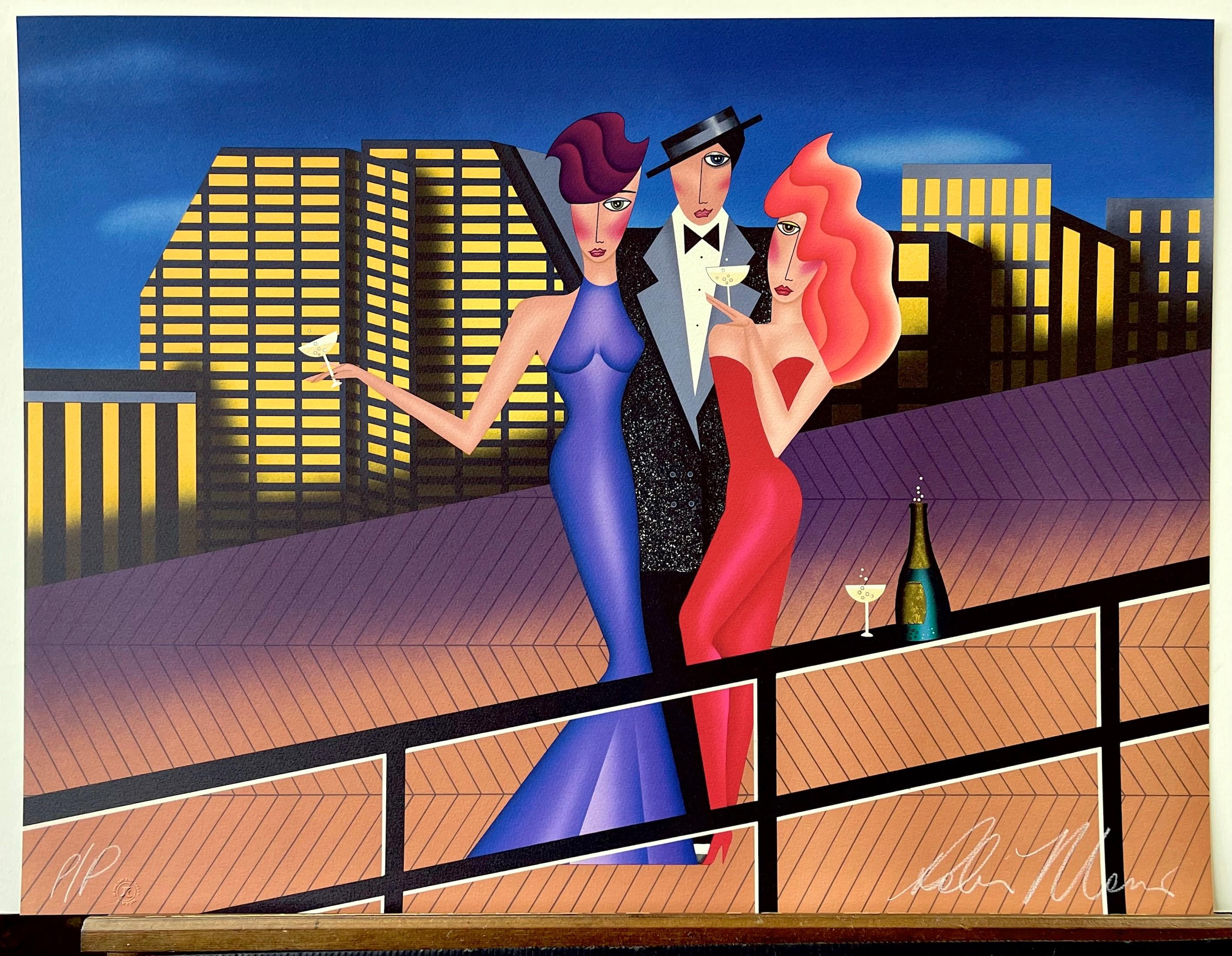 AT THE OCEAN CLUB Signed Lithograph, Group Portrait, City, Boardwalk, Champagne For Sale 2