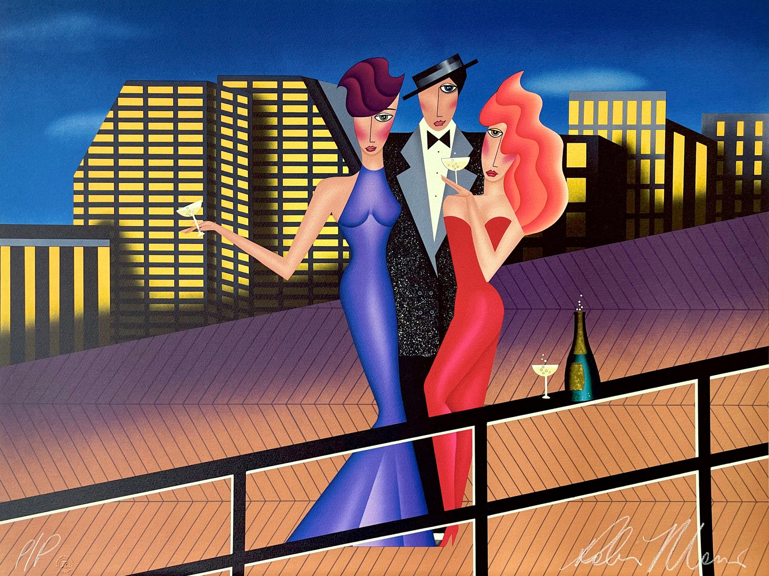 AT THE OCEAN CLUB Signed Lithograph, Group Portrait, City, Boardwalk, Champagne