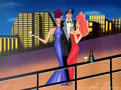 AT THE OCEAN CLUB Signed Lithograph, Group Portrait, City, Boardwalk, Champagne