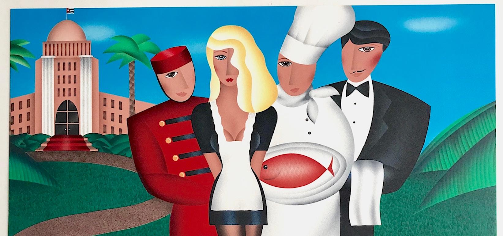 AT YOUR SERVICE Signed Lithograph, Group Portrait, Hotel Bellhop, Waiters, Chef For Sale 1