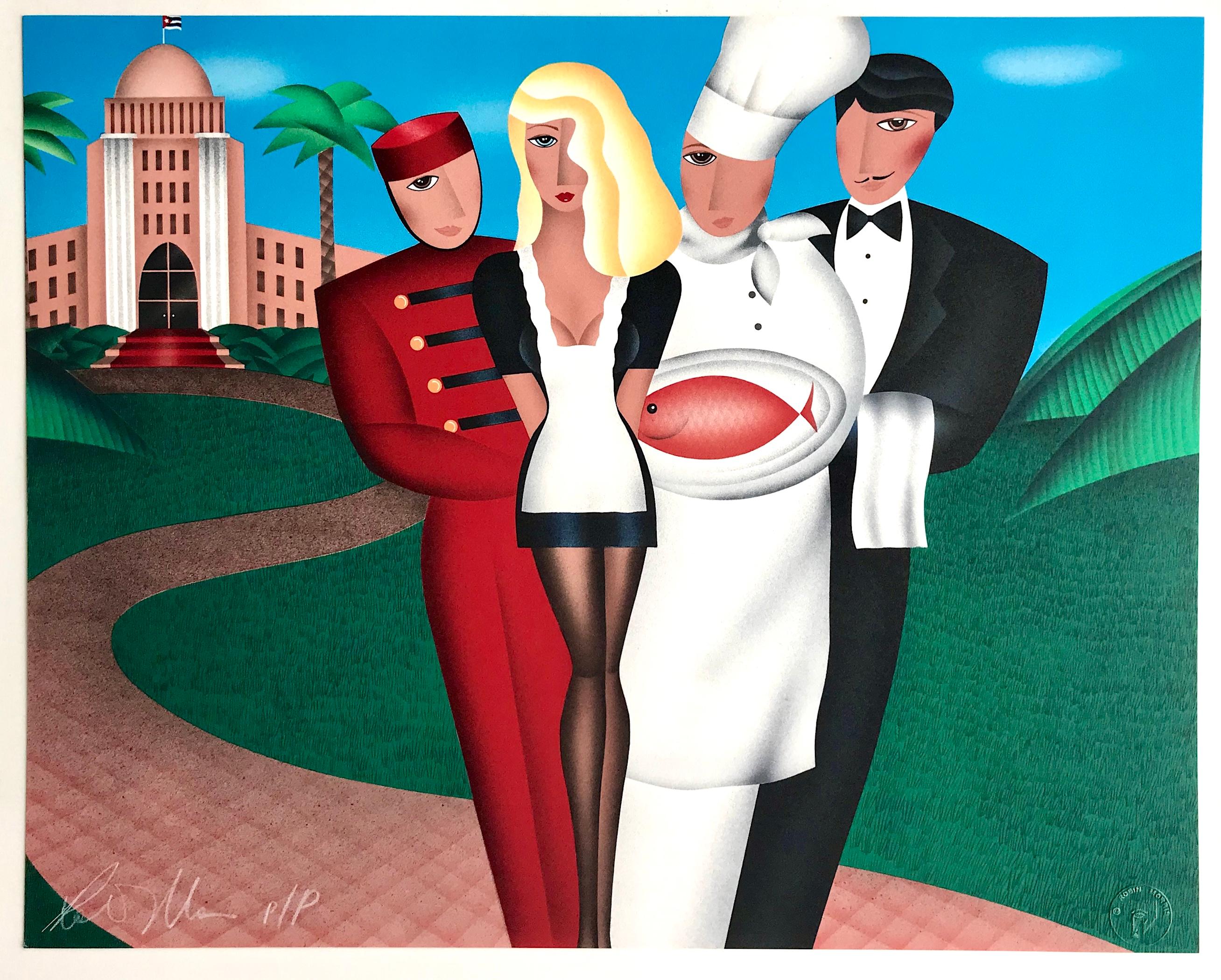 AT YOUR SERVICE Signed Lithograph, Group Portrait, Hotel Bellhop, Waiters, Chef For Sale 3