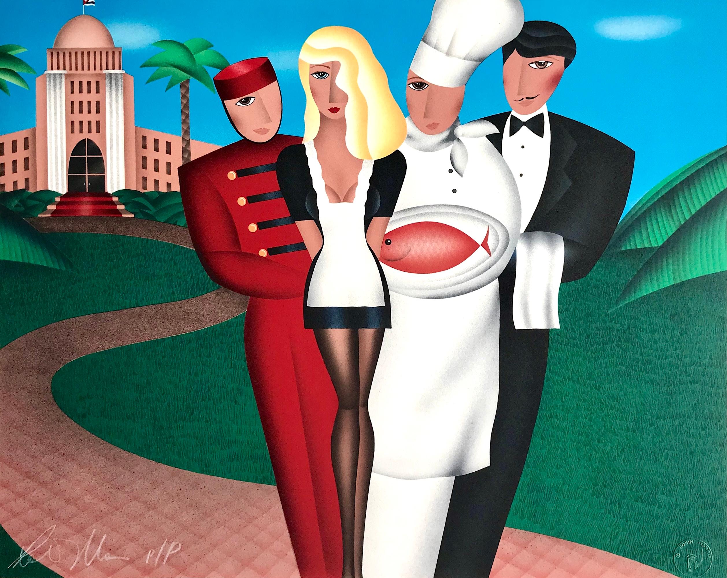 AT YOUR SERVICE Signierte Lithographie, Gruppenporträt, Hotel Bellhop, Waiters, Chef