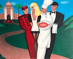 Vintage AT YOUR SERVICE Signed Lithograph, Hotel Hospitality, Waiter, Chef