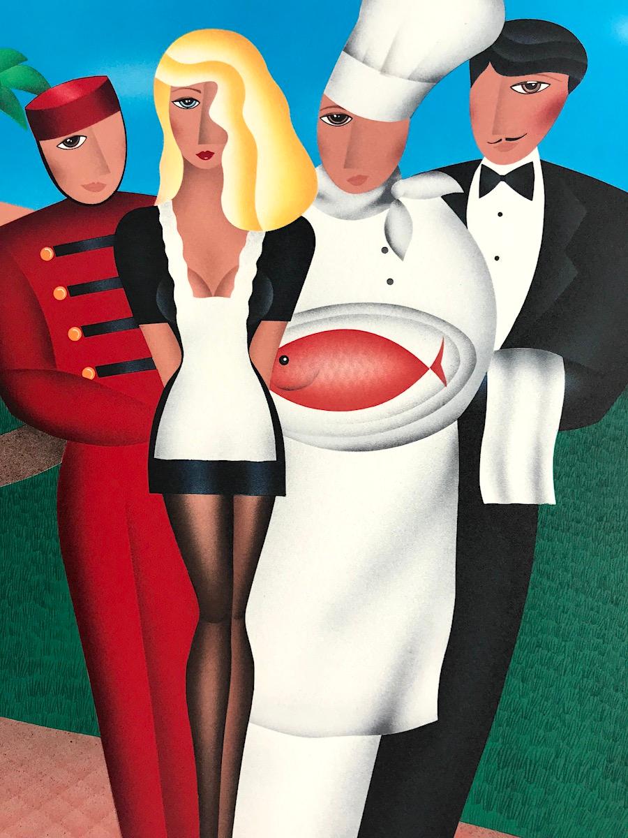 AT YOUR SERVICE Signed Lithograph, Hotel Hospitality, Waiter, Chef - Print by Robin Morris