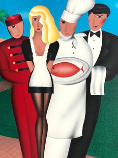 Lithographie signée À VOTRE SERVICE, Hospitalité d'hôtel, serveur, chef