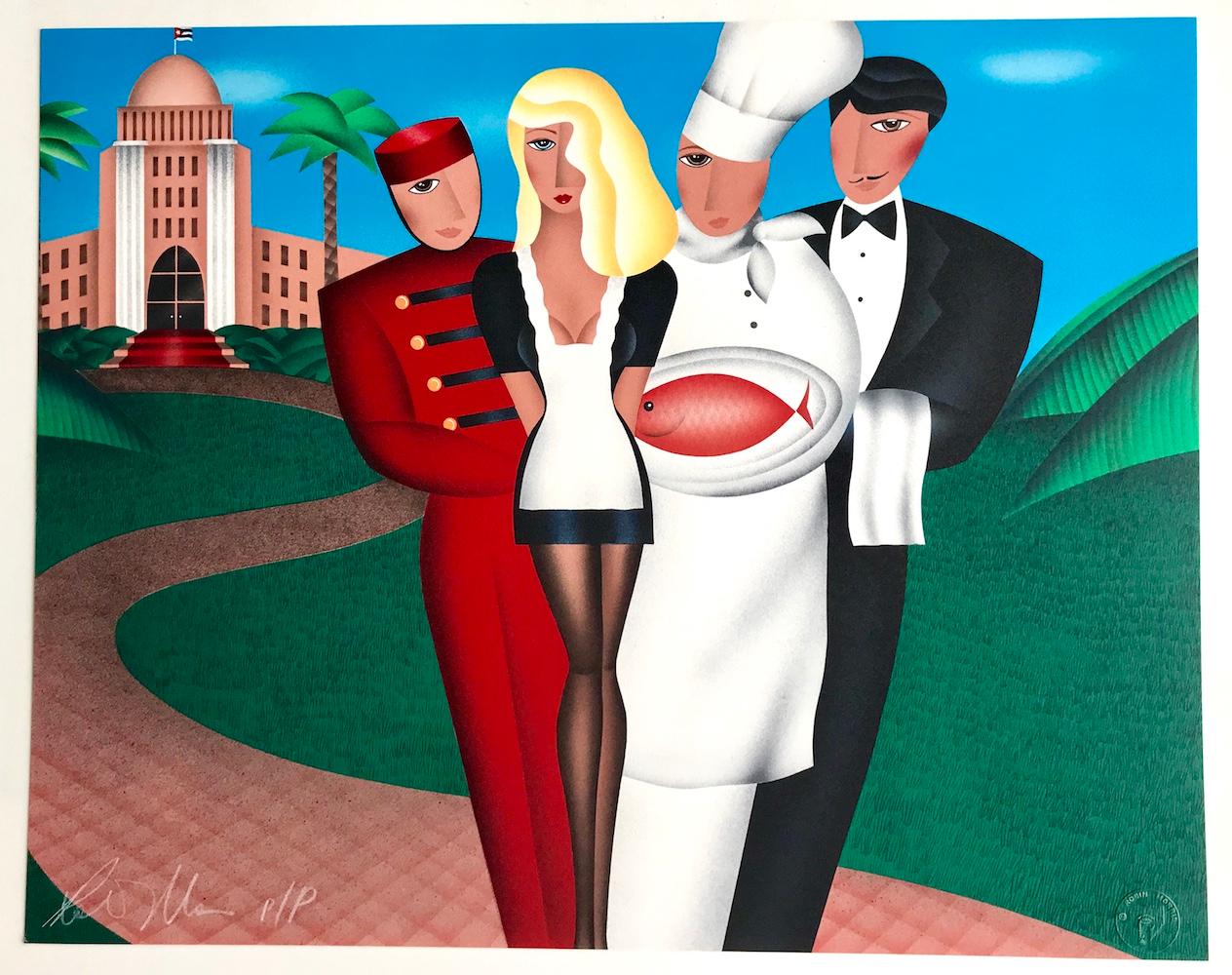 AT YOUR SERVICE Signed Lithograph, Hotel Hospitality, Waiter, Chef - Blue Portrait Print by Robin Morris