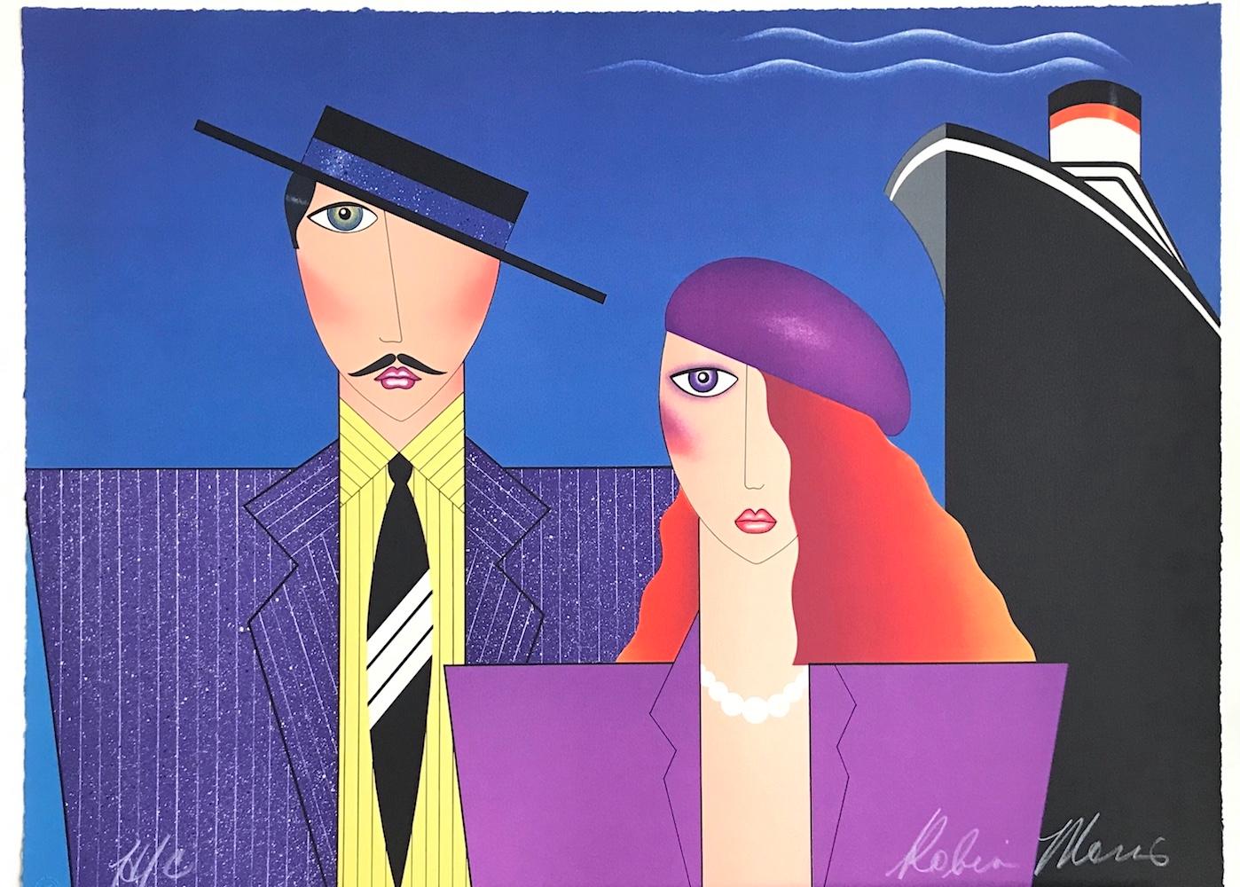 BON VOYAGE Litografía firmada, Retrato de pareja, Art Decó, Viaje en crucero en venta 3