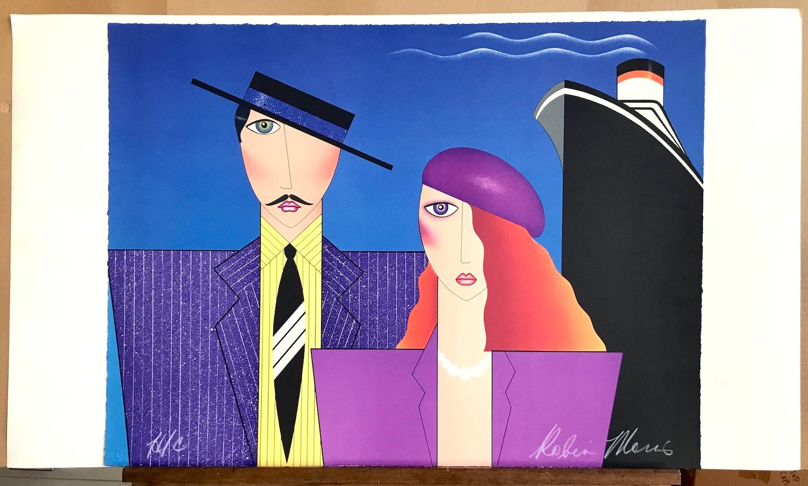 BON VOYAGE Litografía firmada, Retrato de pareja, Art Decó, Viaje en crucero en venta 4