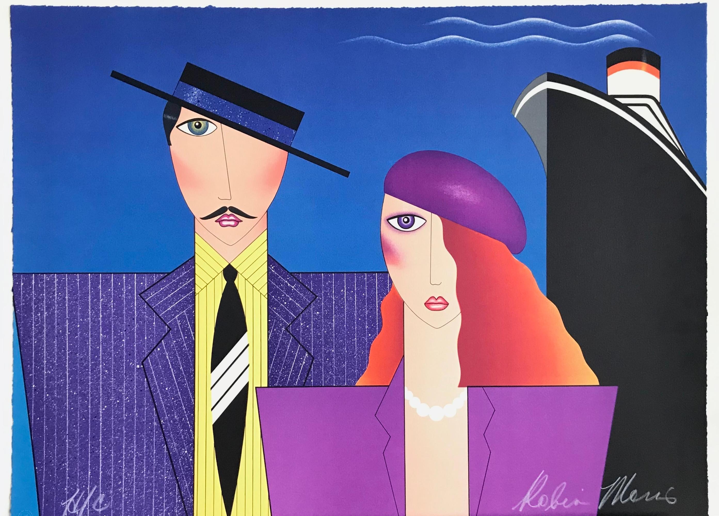 BON VOYAGE Signierte Lithographie, Paarporträt, Art déco, Kreuzfahrtschiff-Reise im Angebot 4