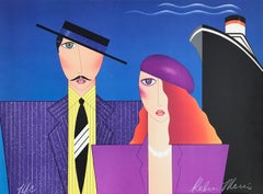 BON VOYAGE Signed Lithograph, Couple Portrait, Art Deco, Cruise Ship Travel