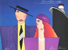 Retro BON VOYAGE Signed Lithograph, Couple Portrait, Art Deco, Cruise Ship Travel