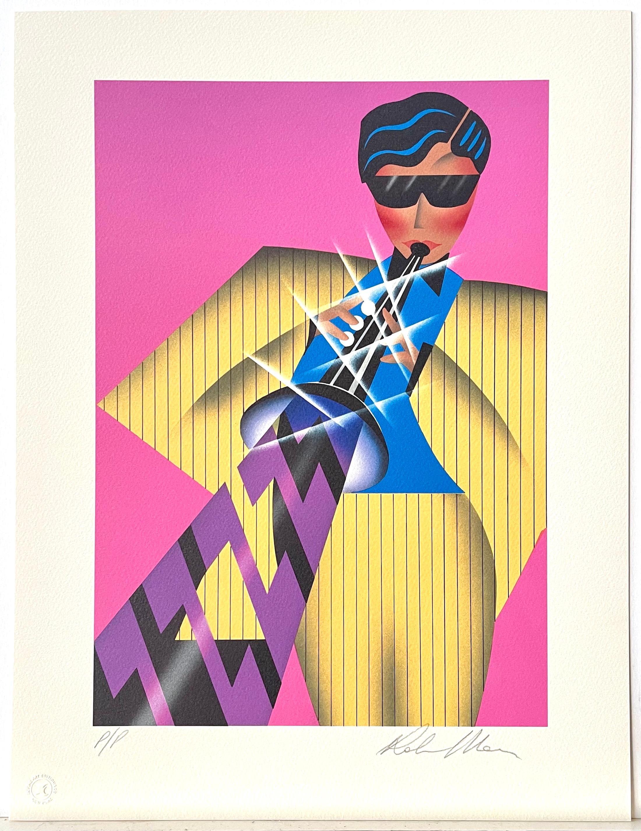 CALYPSO Signed Lithograph Man Playing Clarinet, Pin Stripe Suit, Yellow Hot Pink For Sale 1