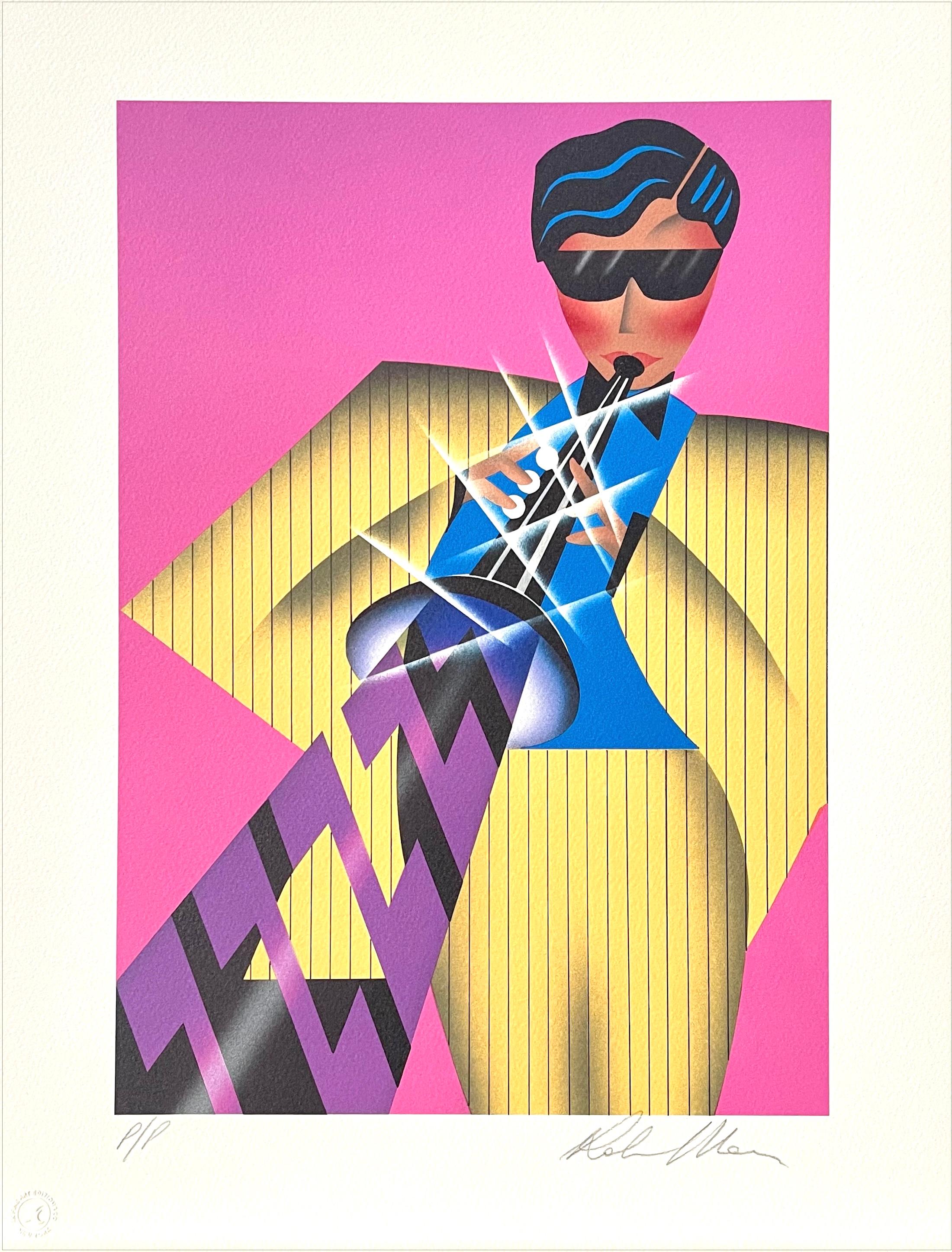 CALYPSO Signed Lithograph Man Playing Clarinet, Pin Stripe Suit, Yellow Hot Pink