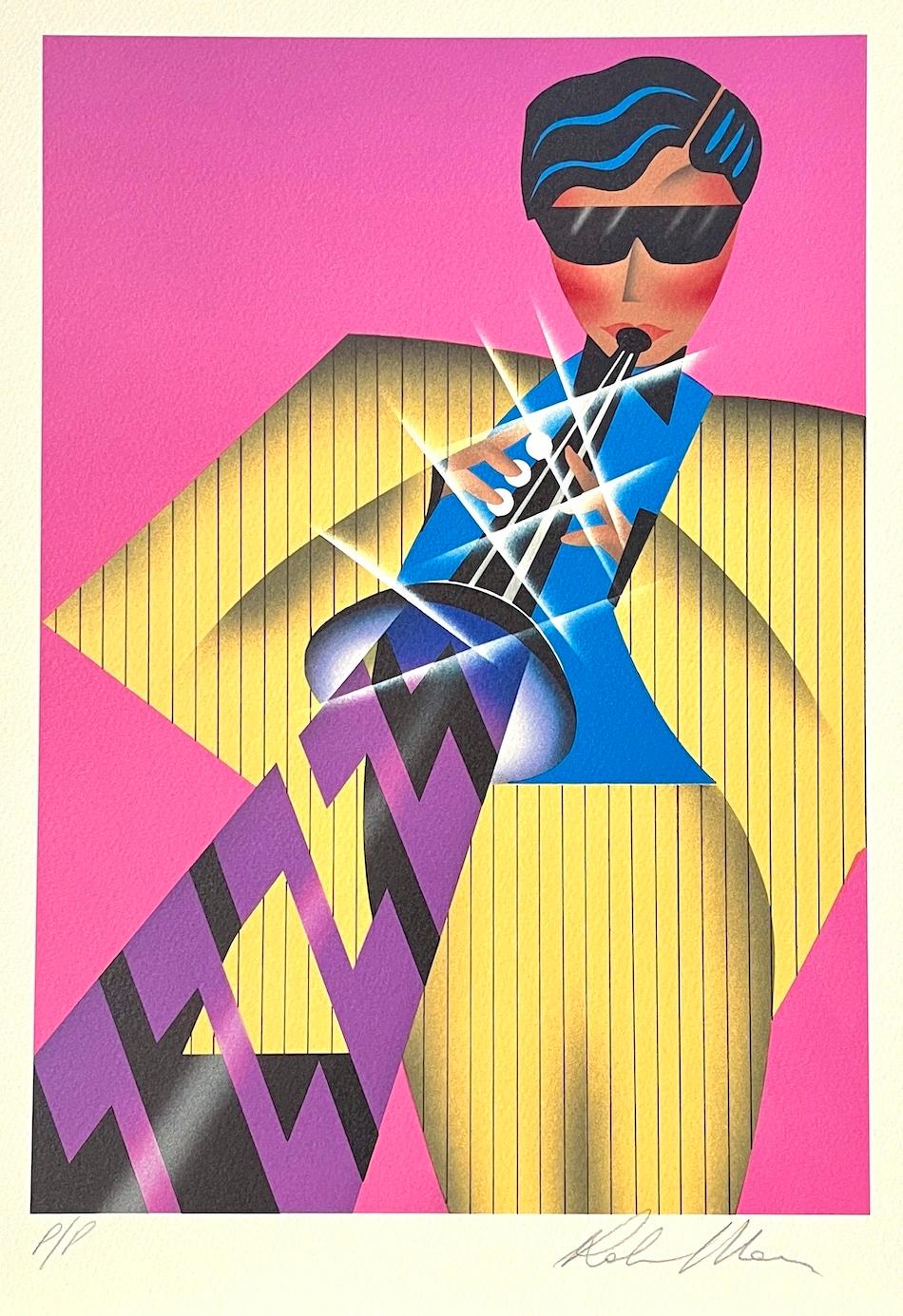 CALYPSO Signed Lithograph Man Playing Clarinet Yellow Pin Stripe Suit, Hot Pink - Print by Robin Morris