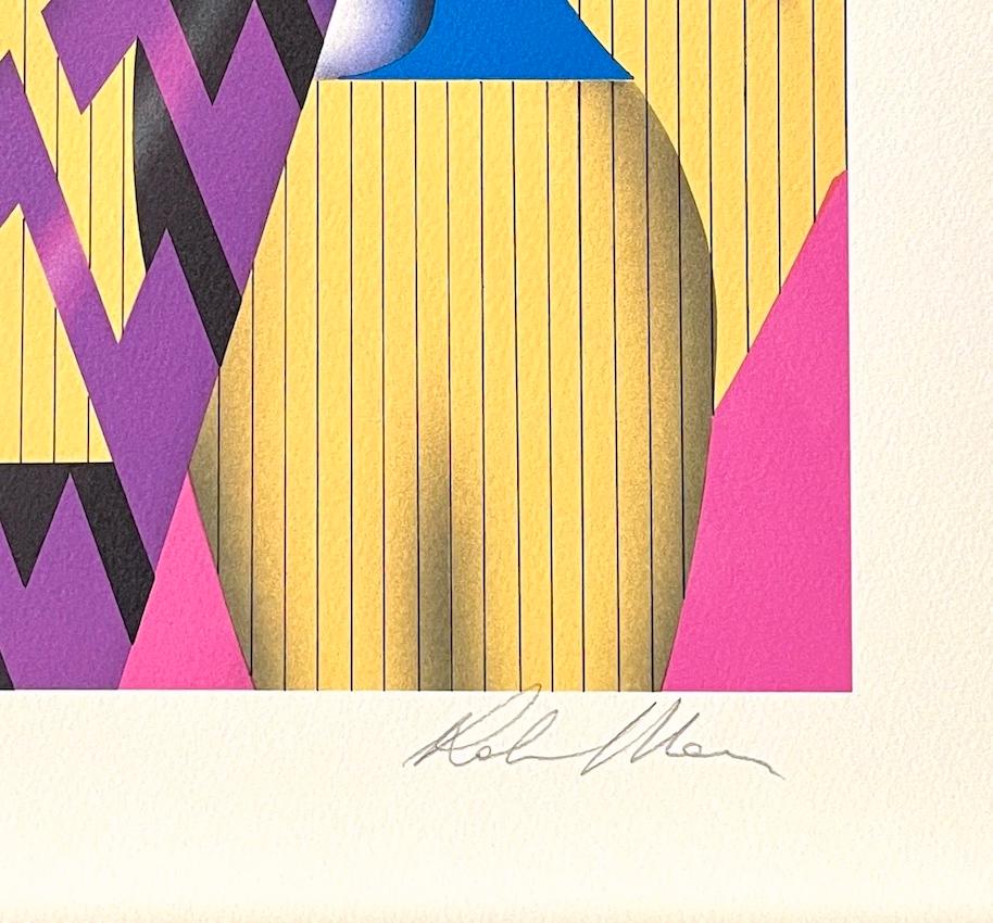 CALYPSO Signierte Lithographie „Man Playing Clarinet“, Anzug mit gelben Pin-Streifen, Heißrosa (Art déco), Print, von Robin Morris